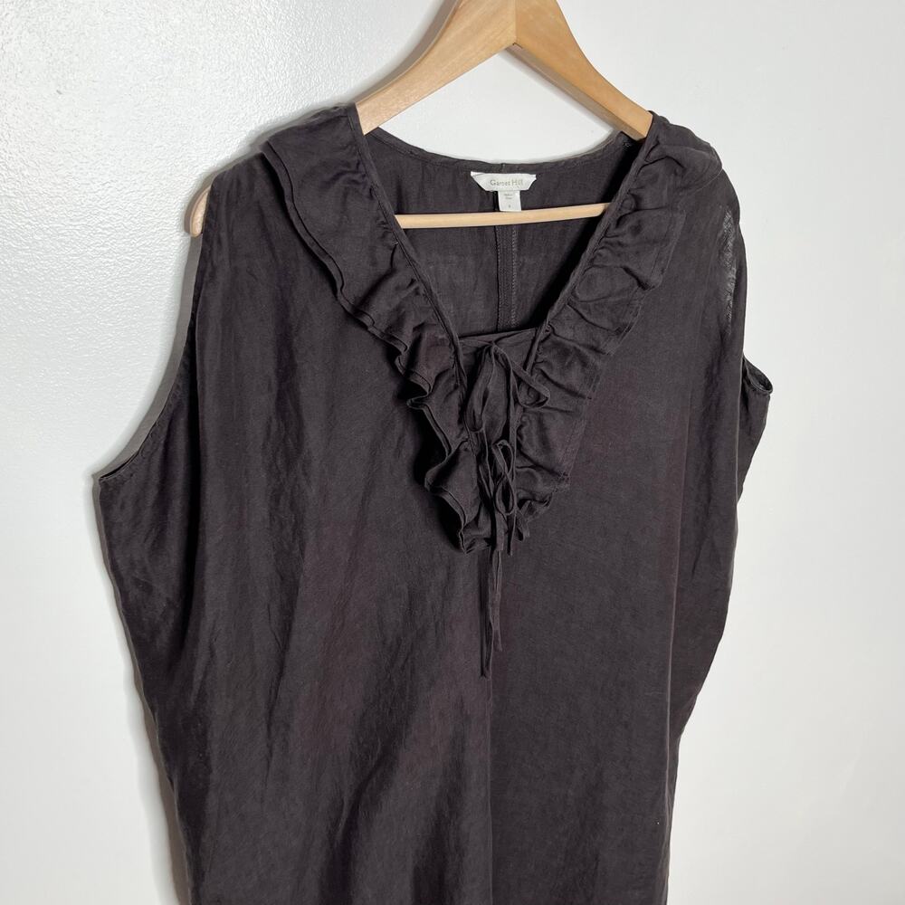 Garnet Hill Womens Sleeveless Linen Shift Dress S Brown V Neck Ruffle Oversized - Picture 3 of 9